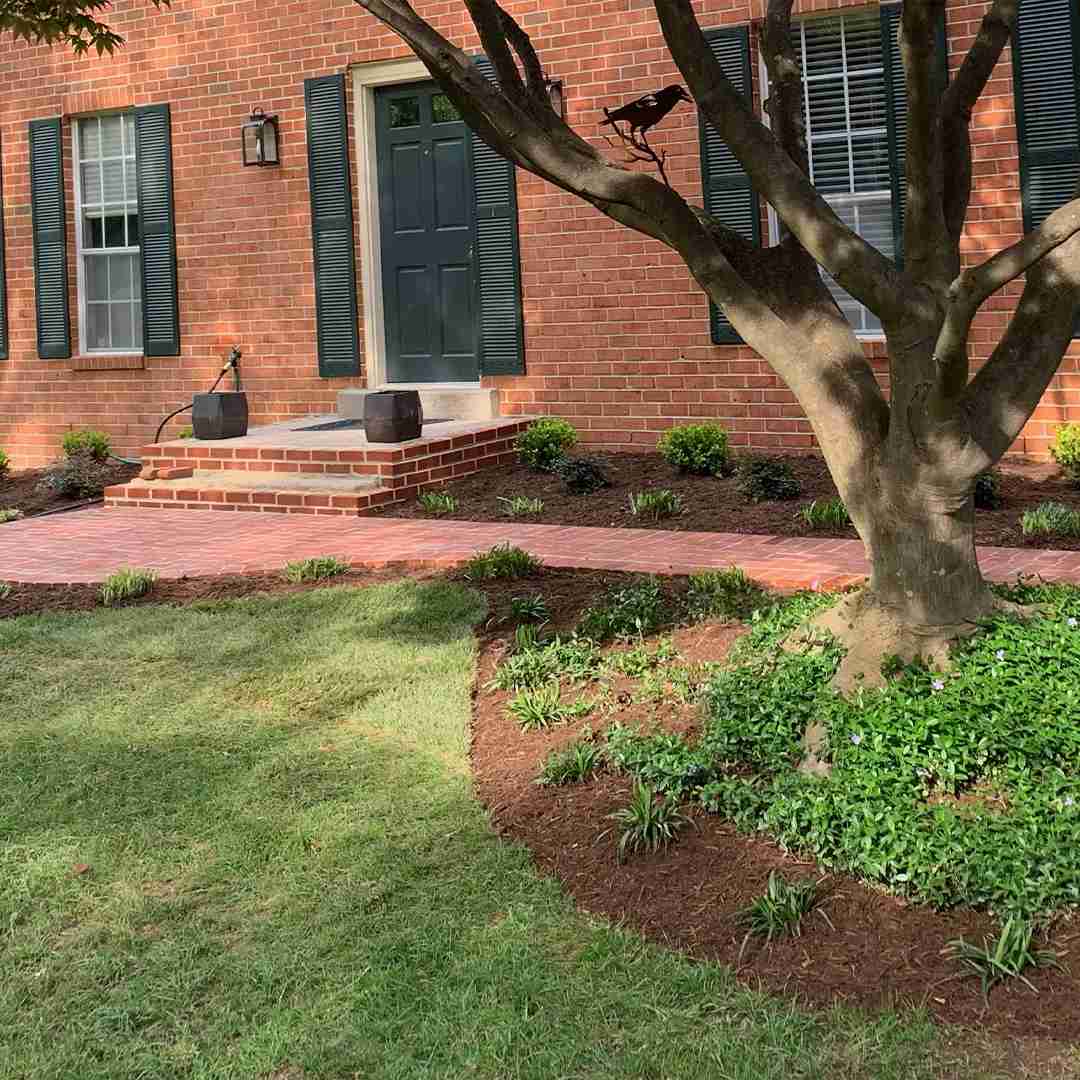 Brick house exterior with green shutters, a dark green door, and steps leading to an entrance. In the foreground is a well-maintained garden with a tree, mulch, and small plants beside a brick walkway.
