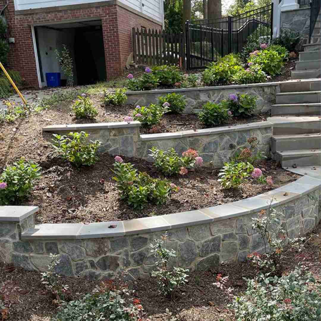Terraced garden with stone retaining walls and blooming shrubs, leading up to stairs and a gated entrance.
