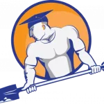 Logo of a muscular figure wearing a graduation cap while holding a shovel, symbolizing the combination of education and hard work in construction or labor industries.