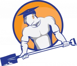 Logo of a muscular figure wearing a graduation cap while holding a shovel, symbolizing the combination of education and hard work in construction or labor industries.