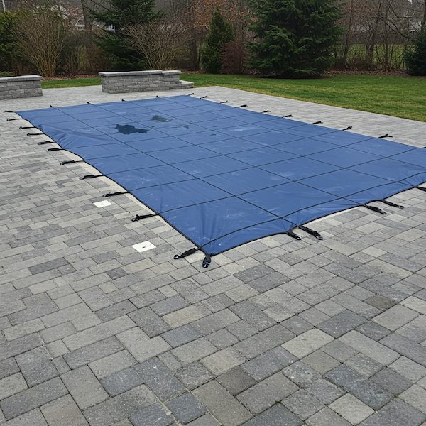 A blue pool cover stretched across a rectangular area on a tiled patio, with a few puddles of water on its surface, surrounded by grass and trees.
