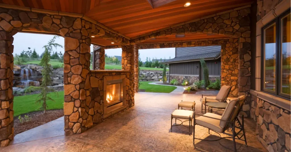 Rustic covered patio with stone fireplace design showcasing natural materials and cozy outdoor living space