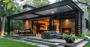 Modern covered patio with fireplace featuring sleek design, outdoor kitchen, and luxurious entertaining space for homeowners