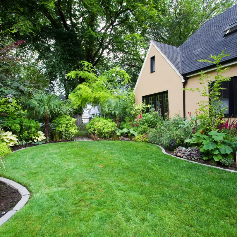 A neatly landscaped garden with a green lawn, surrounded by lush plants and trees; a yellow house with a sloped roof is visible in the background.