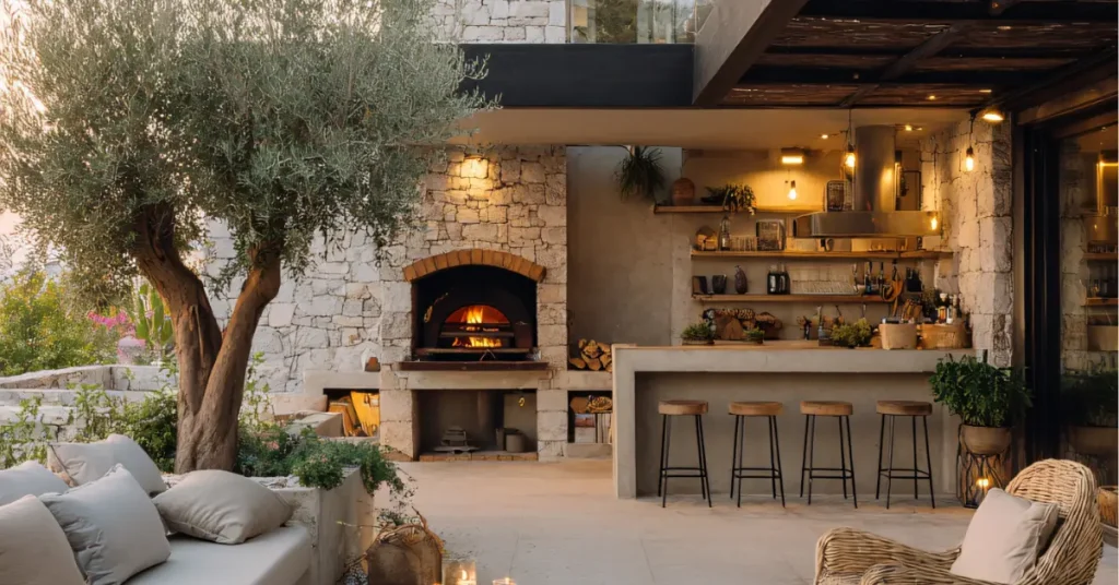 Mediterranean-style outdoor fireplace in covered patio with comfortable seating and warm ambient lighting design