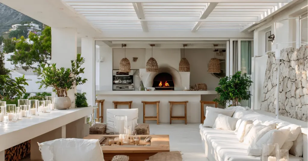 Contemporary patio cover featuring modern fireplace design with clean lines and elegant outdoor living area