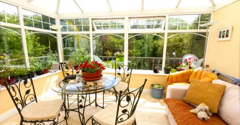 A bright sunroom with large windows, featuring a glass-top table with ornate chairs, surrounded by potted plants. There's a cozy sofa with cushions and a stuffed toy, and sunlight streaming in.