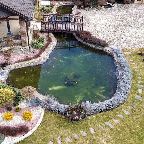 Aerial view of a landscaped garden featuring a small pond with stone edging, surrounded by grassy areas and ornamental plants. A wooden footbridge crosses over part of the pond, and a stone pathway leads through the garden.