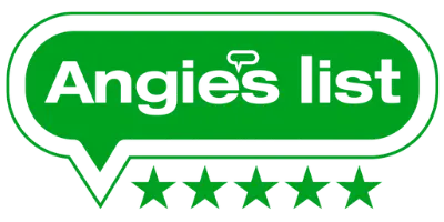 Green logo with the text "Angie's list" inside a speech bubble and five stars below.