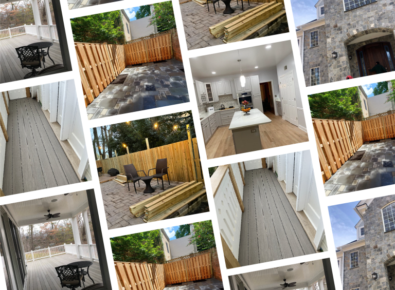 A collage of various home renovation and improvement projects, including a stone exterior of a house, a modern kitchen with a central island, wooden fences, stone patios, a deck with outdoor furniture, and walkways with composite flooring, representing indoor and outdoor home upgrades.