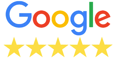 Google logo with five yellow stars representing a five-star rating, symbolizing high customer satisfaction and positive reviews.