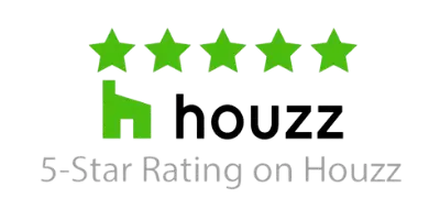 5-star rating graphic from Houzz featuring five green stars and the Houzz logo, indicating high customer satisfaction and quality service in home design and renovation.