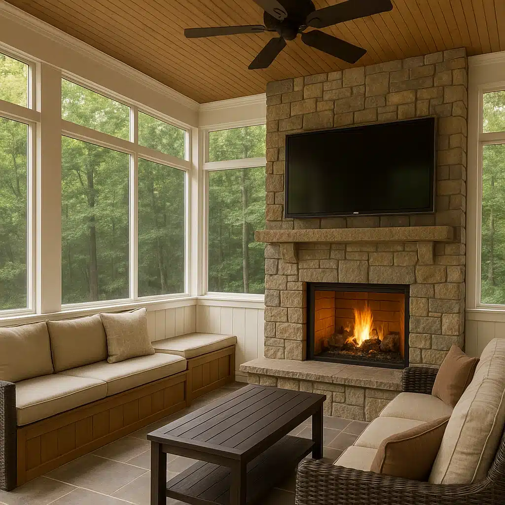 Screened porch fireplace with TV