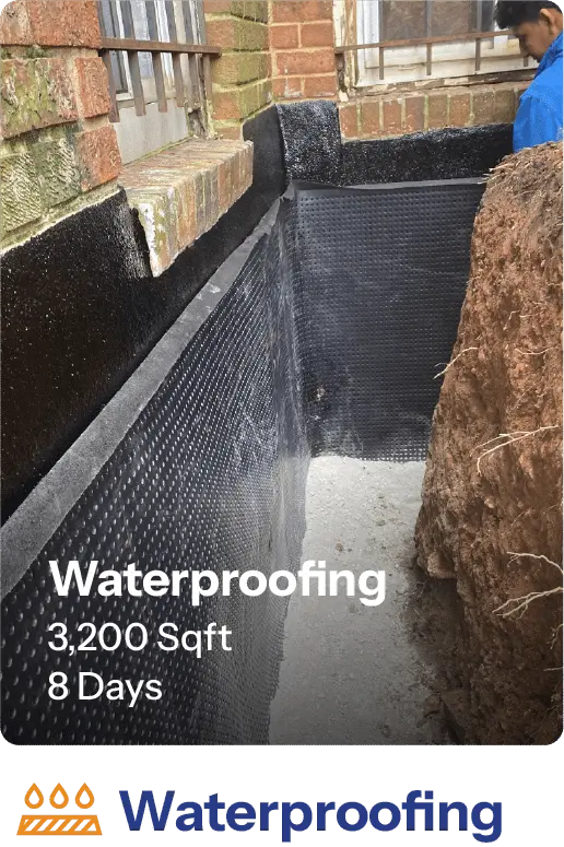 Waterproofing installation in progress, showcasing a 3,200 square foot area with newly applied black waterproof membrane. The project is designed to prevent water intrusion and protect the foundation, completed in 8 days.