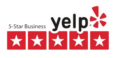 5-star business rating on Yelp with five red star icons and the Yelp logo, representing excellent customer reviews and satisfaction.