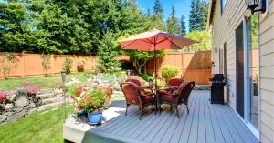Example of a backyard deck and patio combination design, showcasing outdoor furniture on a composite deck for outdoor living space.
