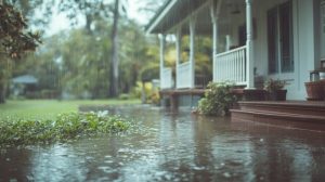 Flooded yard outside a Maryland home during heavy rain, showing why proper yard drainage is crucial for homeowners in the DMV to prevent water damage and protect foundations.