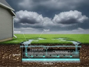 Subsurface drainage diagram of a French drain system. Rainfall seeps into a gravel trench with a perforated pipe, which collects and redirects water away from the yard.