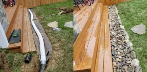 Before and after yard drainage system installation showing a French drain with pipe during construction and the completed system with gravel beside a home deck
