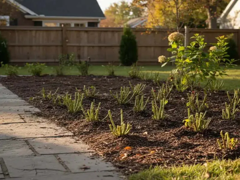 Fall Clean Up: Freshly mulched garden with trimmed plants and a single flowering shrub near a wooden fence.