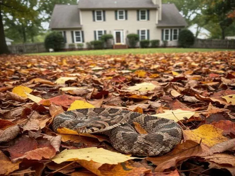 A snake lies on fallen autumn leaves in front of a suburban house.
