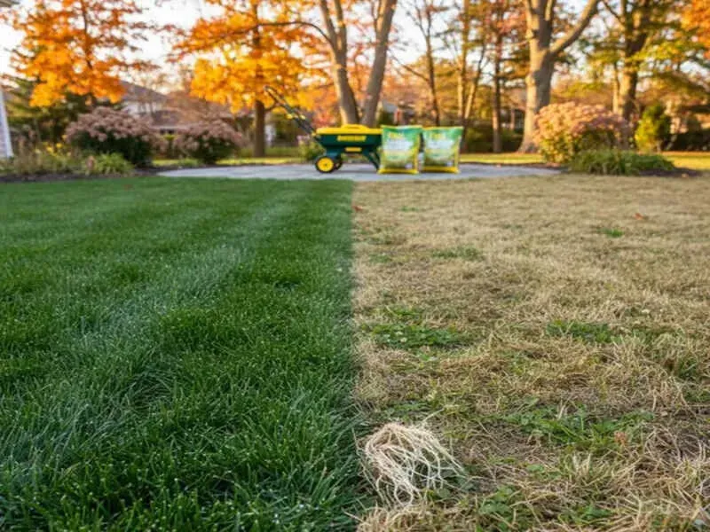 Fall Clean Up: Lawn showing contrast between vibrant green and dry brown grass, with a spreader and fertilizer bags in the background.