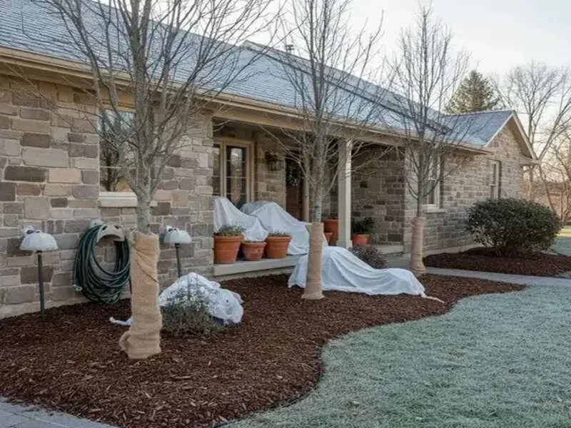 Fall Clean Up: A stone house with wrapped trees and covered plants on the porch, surrounded by a mulched garden bed.