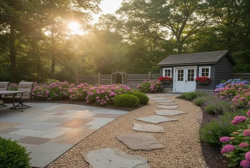 A garden path with stone tiles leads to a small house, surrounded by colorful hydrangeas at sunset.
