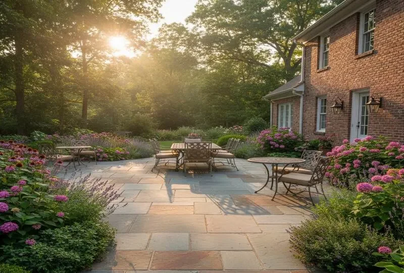Sunlit patio with metal chairs, surrounded by blooming flowers and a brick house.