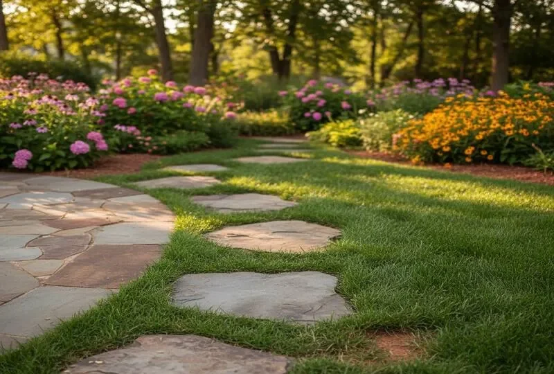 Stone path through a garden with colorful flowers and lush greenery.