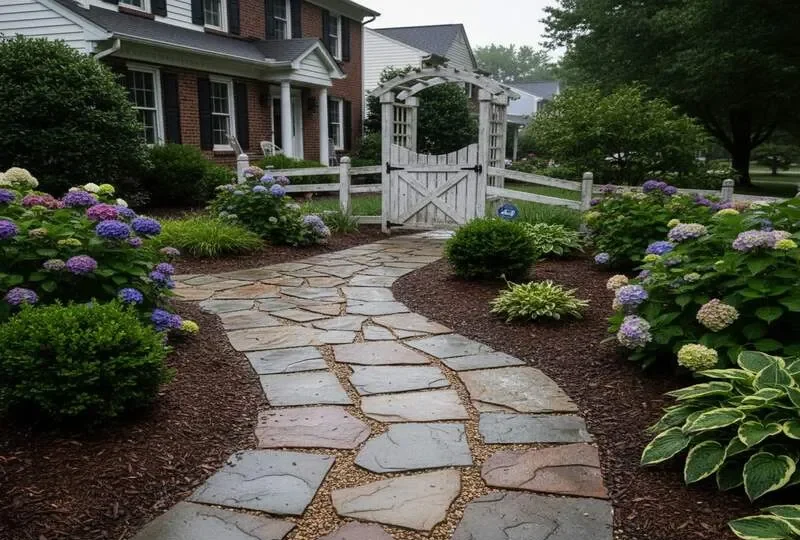 Curved stone flagstone walkway leading to a white garden gate, surrounded by flowering shrubs and a brick house.