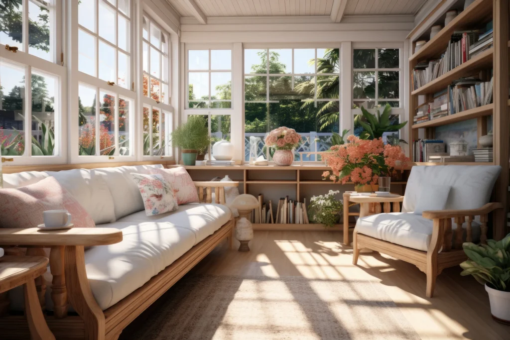 Cozy sunlit room with wooden furniture, large windows, and plants.