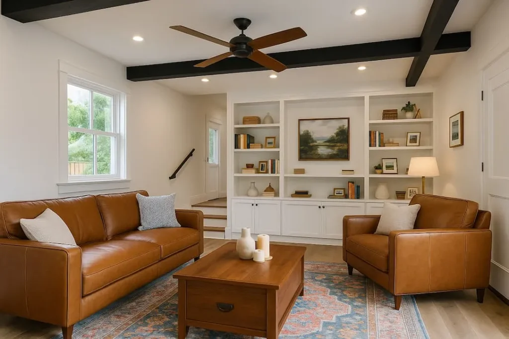 A cozy garage family room conversion.