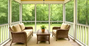 Screened porch with wicker furniture and a table holding a potted plant, overlooking a green yard.