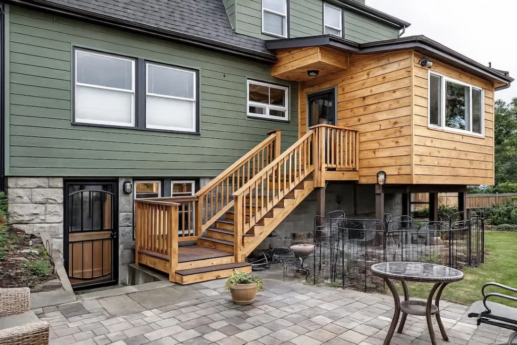 Backyard view of a house with a green and wood exterior, featuring a wooden staircase and patio area.