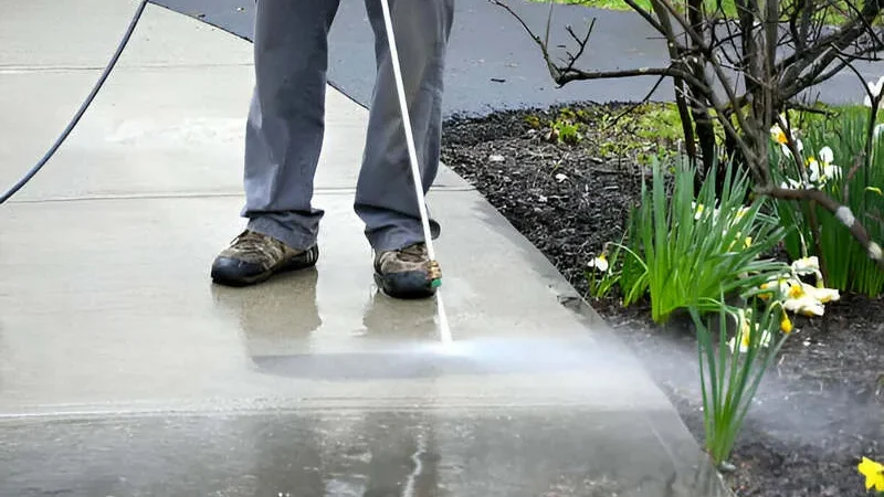 Person pressure washing a concrete sidewalk near a flower bed.
