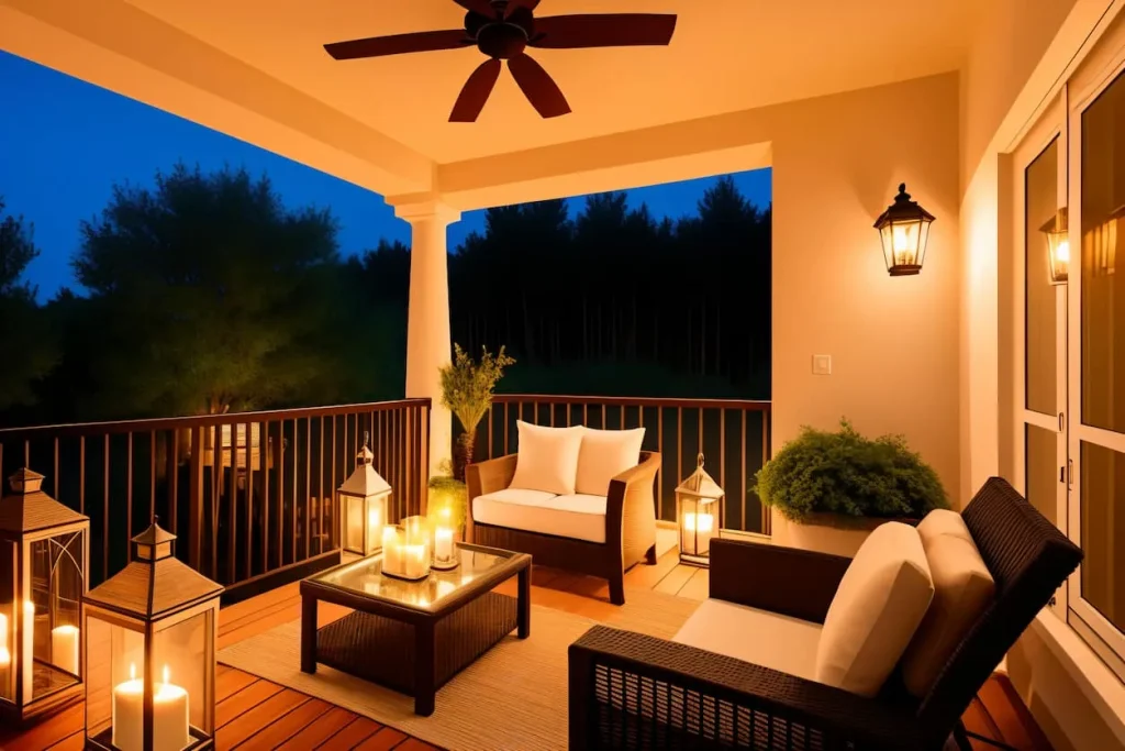 Cozy patio at dusk with wicker furniture, candles, and soft lighting.