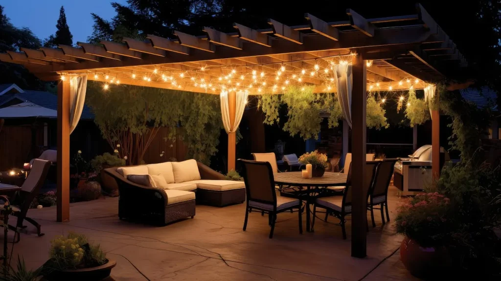 A cozy patio with string lights, a pergola, and comfortable seating at night.