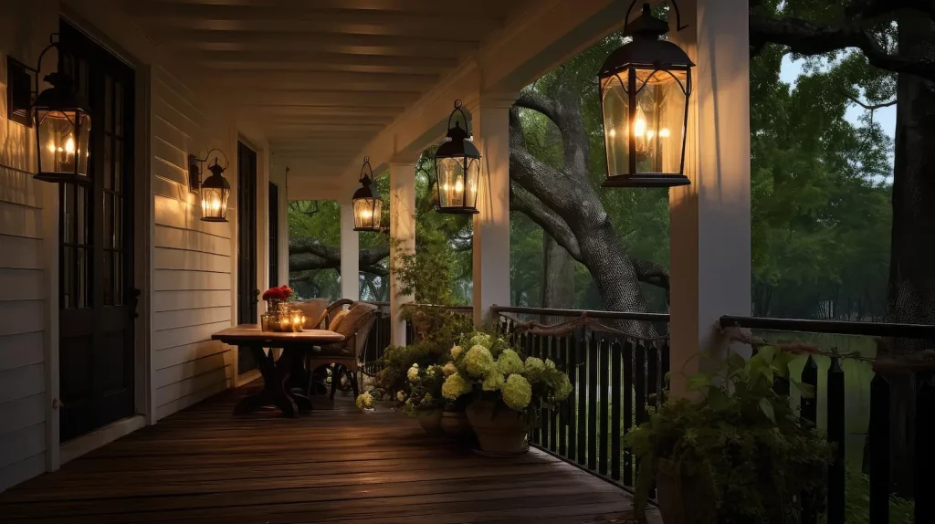Porch lit with hanging lanterns, a table, and lush greenery outside.