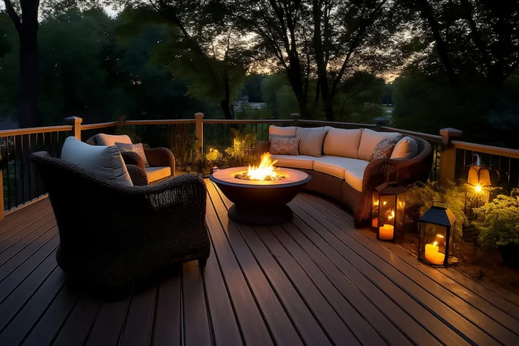 Cozy outdoor patio with a fire pit, wicker seating, and lanterns at twilight.