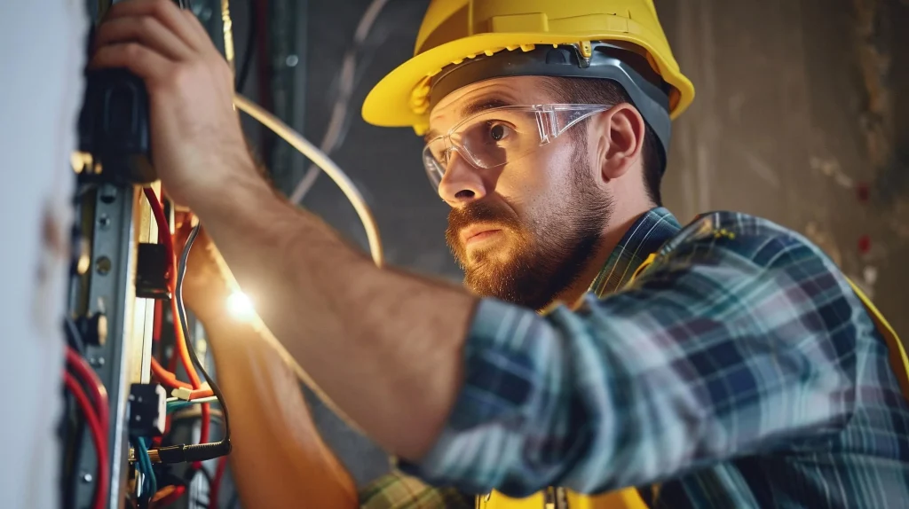 Worker with a hard hat and safety glasses fixing electrical wiring.