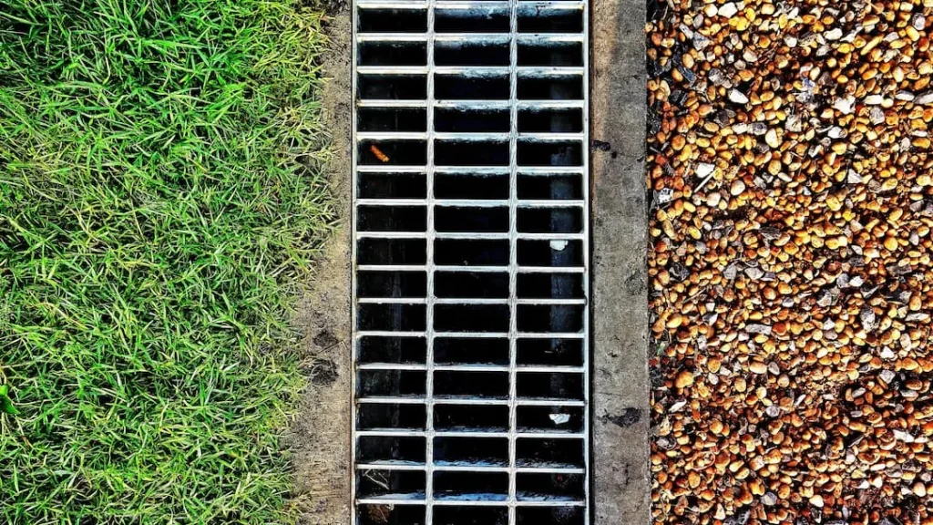A metal grate lies between green grass on the left and brown pebbles on the right.