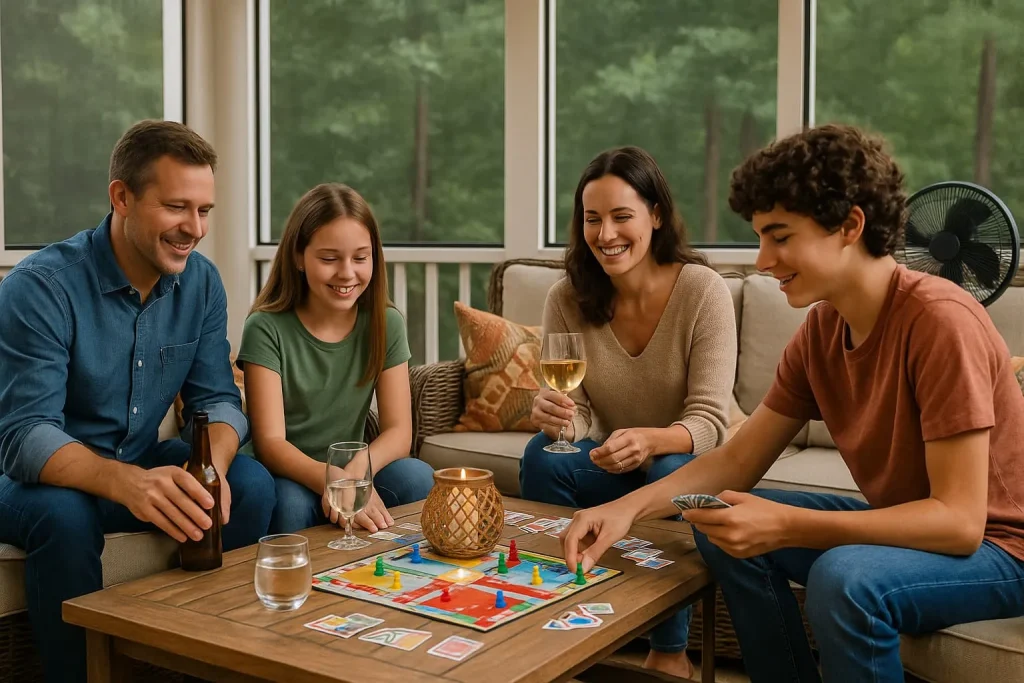 Family playing a board game together on a screened in porch