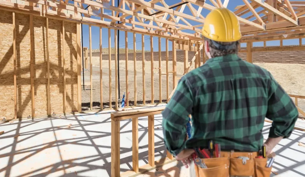 Construction worker in a hard hat observes a wooden house frame under sunny skies.