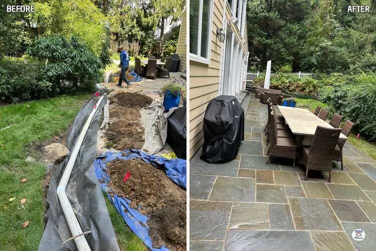Side-by-side images showing a patio construction before and after, with the finished patio featuring new stone tiles and furniture.