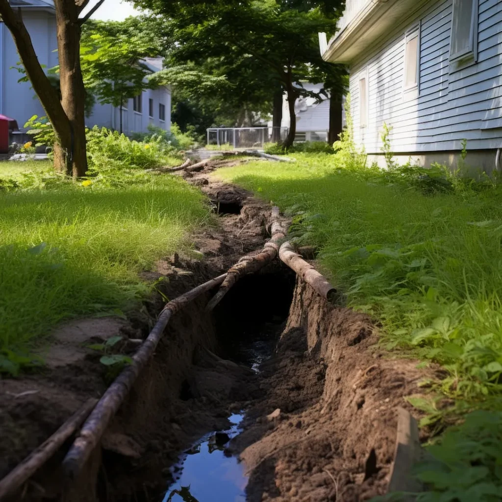 A trench with pipes runs along a grassy yard beside a house.