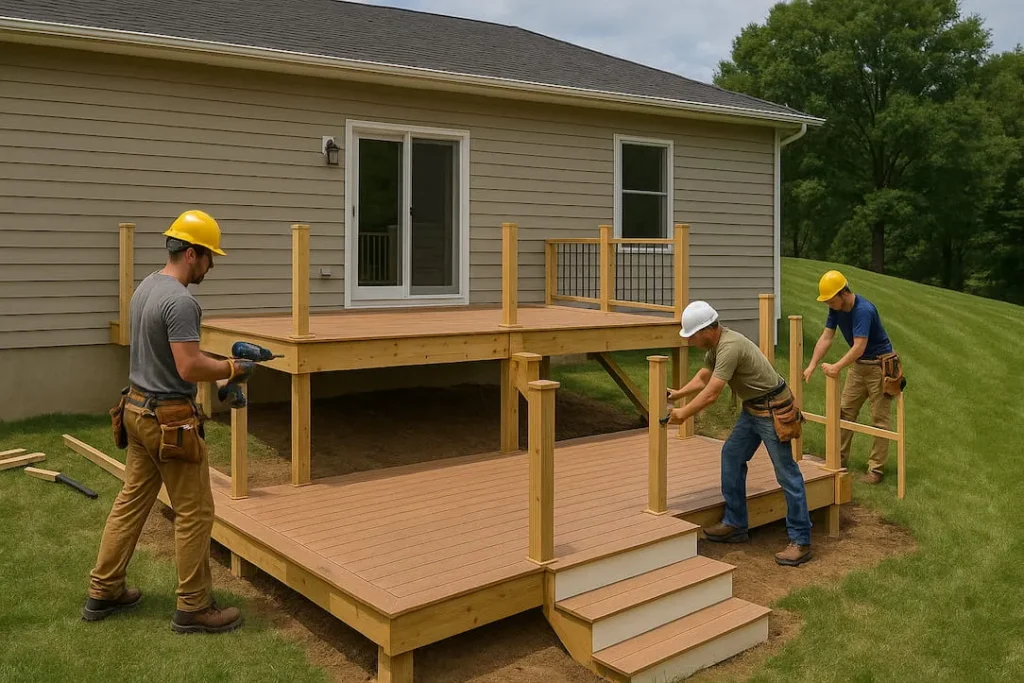 Three construction workers building a wooden deck on a residential house.