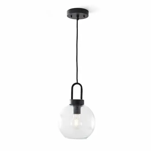 Black pendant light with clear glass globe hanging from a ceiling.