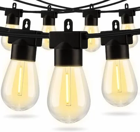 String of hanging Edison-style bulb lights with black sockets.