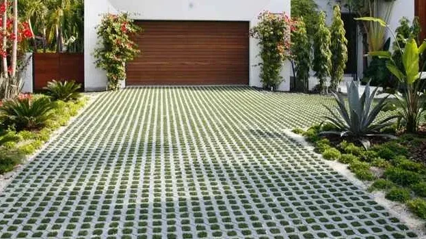 Modern house with a turf driveway and lush tropical landscaping.